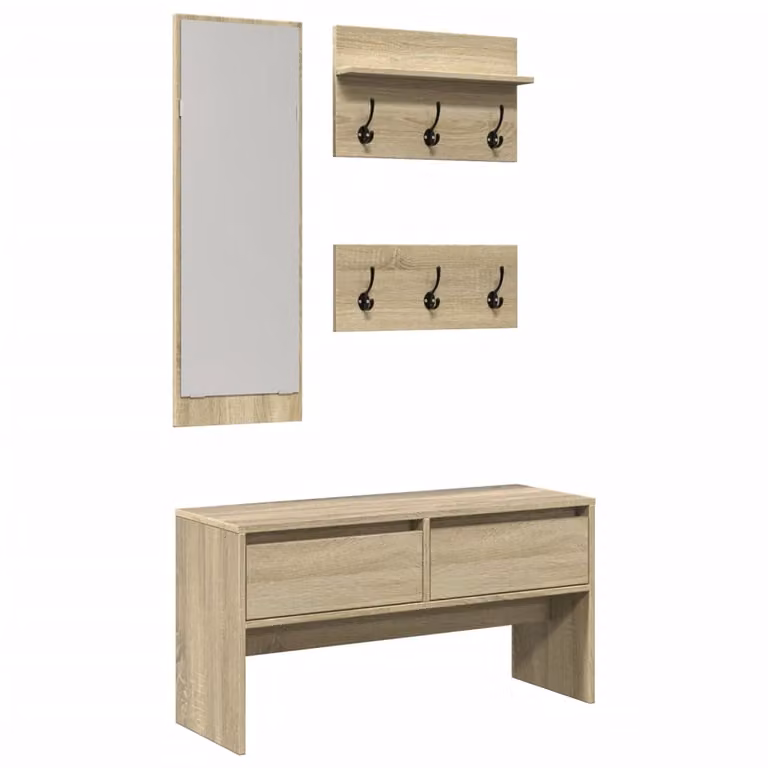 Set de 4 piezas para recibidor vidaXL en madera de ingeniería color roble Sonoma con banco, espejo, estante de pared y zapatero de estilo moderno