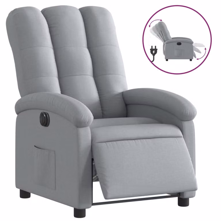 Sillón reclinable eléctrico vidaXL en tela gris claro con reposabrazos y diseño moderno para salón