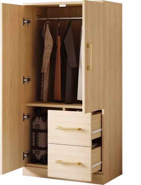 Armario infantil y para dormitorio RETROK con 2 puertas, cajones integrados y barra de colgar, acabado madera en color marrón y beige, An/P/Al: 70 x 40 x 135 cm