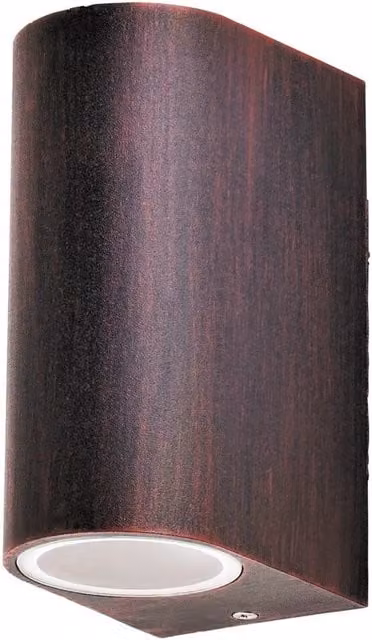 Aplique de pared Rabalux para jardín y terraza con acabado en metal marrón y cristal transparente, iluminación up/down, compatible con bombilla GU10 e IP44