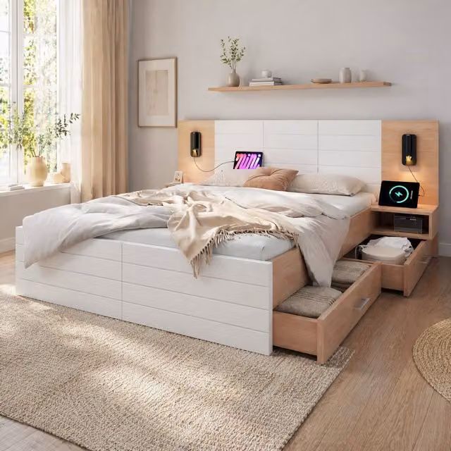 Cama doble MODENVIE con 2 cajones, cabecero con luz de lectura integrada, puerto USB y 2 mesitas de noche en madera color roble y blanco, An/P/Al: 160 x 200 x 207 cm