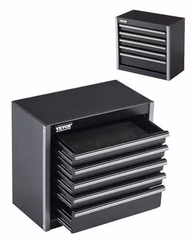 Caja de herramientas portátil de metal VEVOR en color negro con 5 cajones, revestimiento de EVA y estructura de acero, An/P/Al: 21,8 x 11,8 x 20,5 cm