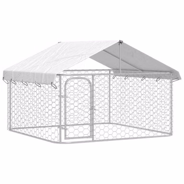 Perrera de exterior Maison Chic con tejado de acero plateado, An/P/Al: 200 x 200 x 150 cm