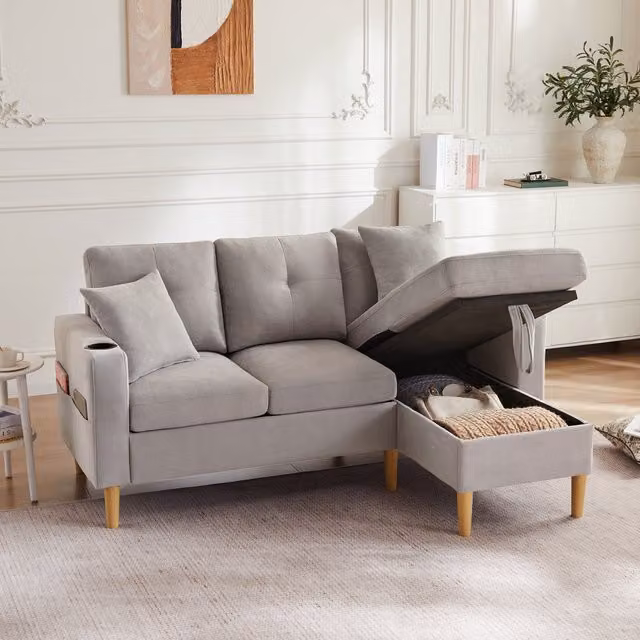 Sofá Moderno de 3 Plazas en Forma de L con Chaise Longue de la marca KELLANY, Color Gris, con Espacio de Almacenamiento y Portavasos Integrado, Incluye 2 Cojines