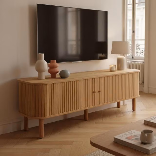 Mueble de TV escandinavo OVIALA con 2 puertas en color beige y efecto madera clara An/P/Al: 150 x 40 x 75 cm