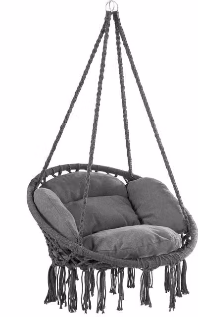 Silla colgante DETEX de ratán y metal con cojines en color antracita, diseño boho para exterior, An/P/Al: 80 x 60 x 140 cm