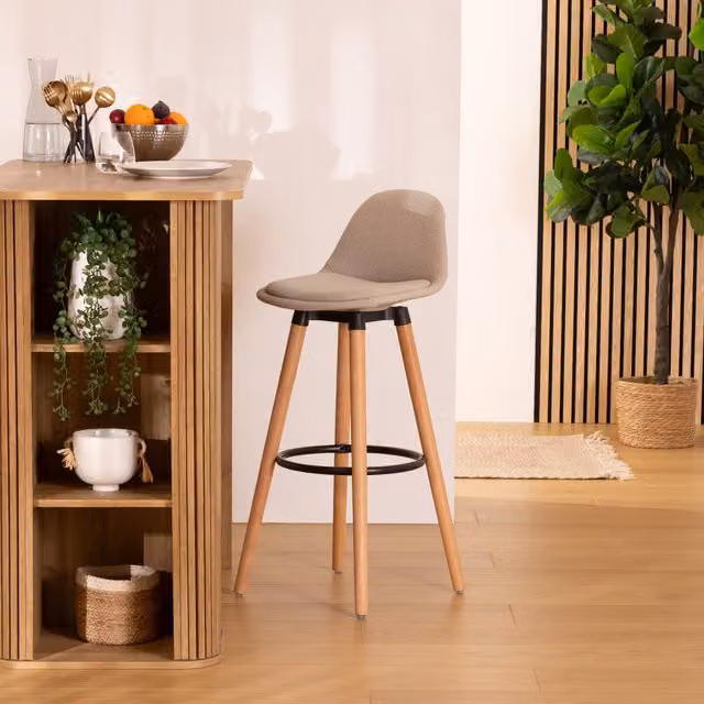 Taburete de bar Atmosphera Maxon color beige y blanco con estilo vintage y estructura de madera, Altura: 92,5 cm