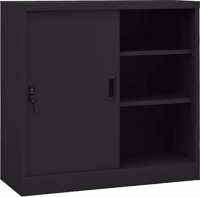 Armario de oficina Helloshop26 con puertas correderas, cerradura y estantes ajustables en acero color antracita, An/P/Al: 90 x 40 x 90 cm
