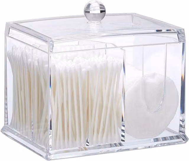 Dispensador de bastoncillos de algodón con tapa de Relaxdays, caja de acrílico transparente para baño y tocador
