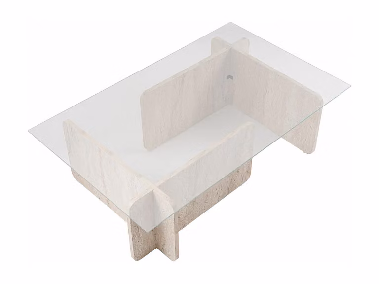 Mesa de centro AZRA de cristal templado con efecto travertino en colores beige y transparente, diseño rectangular moderno para tu salón