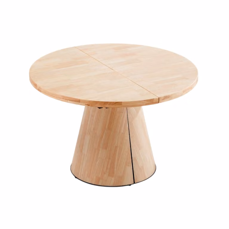 Mesa de comedor redonda extensible ADEC de madera de roble color beige estilo escandinavo An/P/Al: 120 x 120 x 76 cm con extensiones butterfly leaf