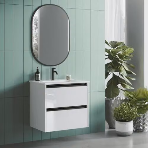 Mueble de baño suspendido B BAÑO TOTAL en acabado roble con lavabo blanco y tiradores negros An/P/Al: 50 x 40 x 55 cm