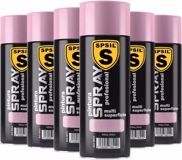 Pack de 6 unidades de spray de pintura profesional Spsil con acabado brillante en color rosa de 200 ml para interior y exterior con secado rápido