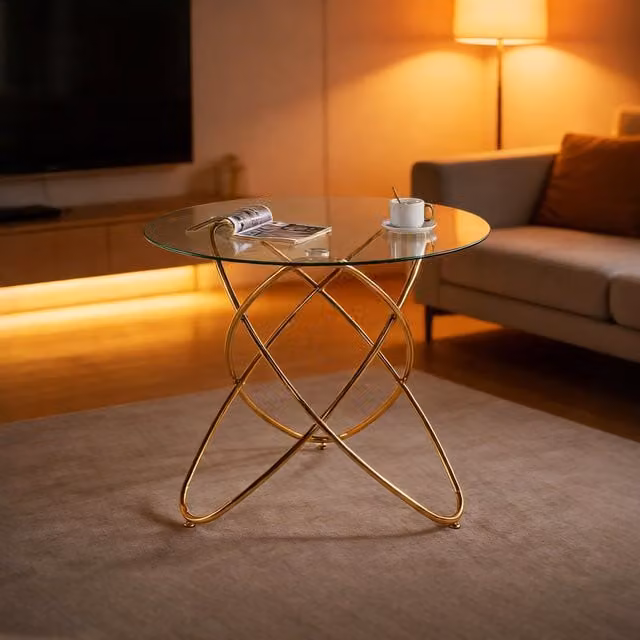 Mesa de comedor redonda MODFU de cristal templado transparente y metal dorado para cocina o salón