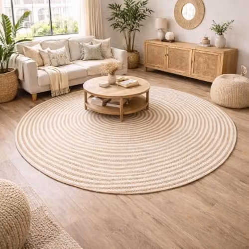 Alfombra redonda de yute UN AMOUR DE TAPIS para salón, color blanco, diseño moderno y tejido plano, Diámetro: 250 cm