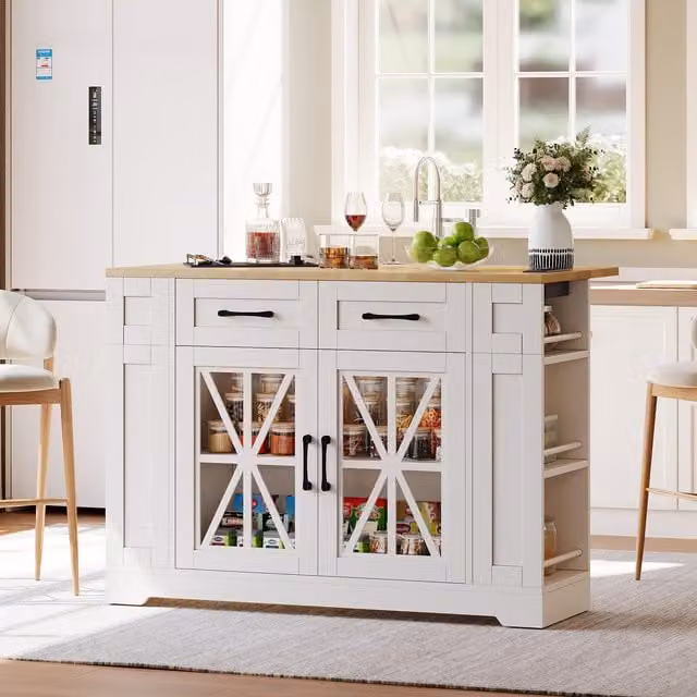 Isla de cocina portátil SYNTEK blanca con mesa de comedor abatible, puertas de vidrio, puertos AC y USB, estantes ajustables y ruedas, An/P/Al: 120 x 65 x 92 cm