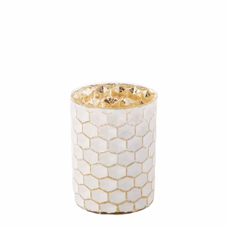 Portavelas decorativo de vidrio Sia Deco en blanco y dorado para tealight, Altura: 13 cm