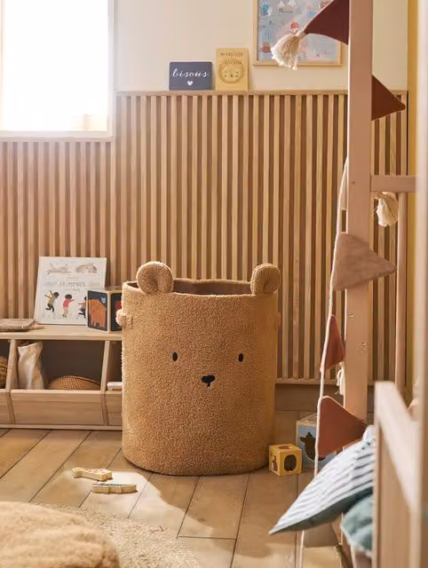 Cesta grande con osito de sherpa marrón Vertbaudet para niños con asas de textil