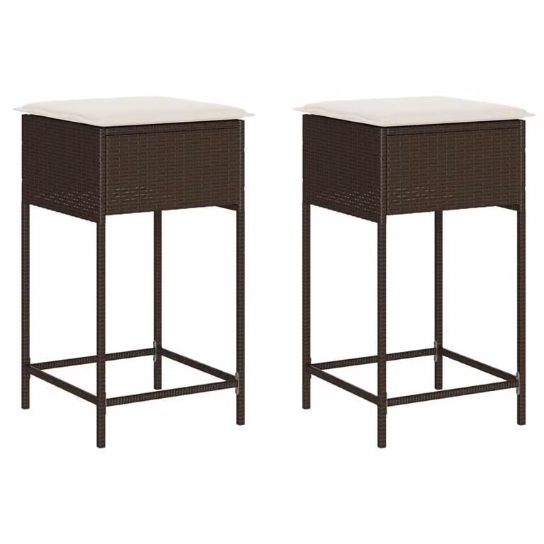 Set de 2 taburetes Syfax de ratán sintético y metal con cojines blancos para jardín o cocina