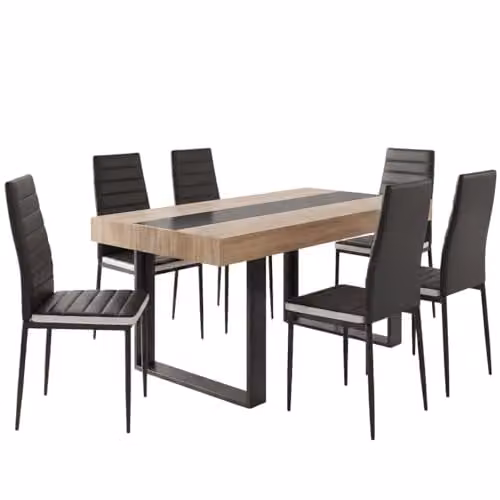 Conjunto de comedor IDMarket Phoenix con mesa rectangular de madera de 160 cm y 6 sillas Romane negras con detalles blancos