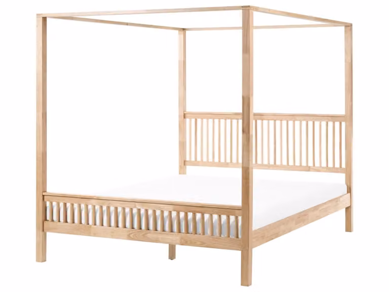 Cama con dosel Beliani de madera maciza de caucho en color marrón de estilo escandinavo An/P/Al: 180 x 200 cm