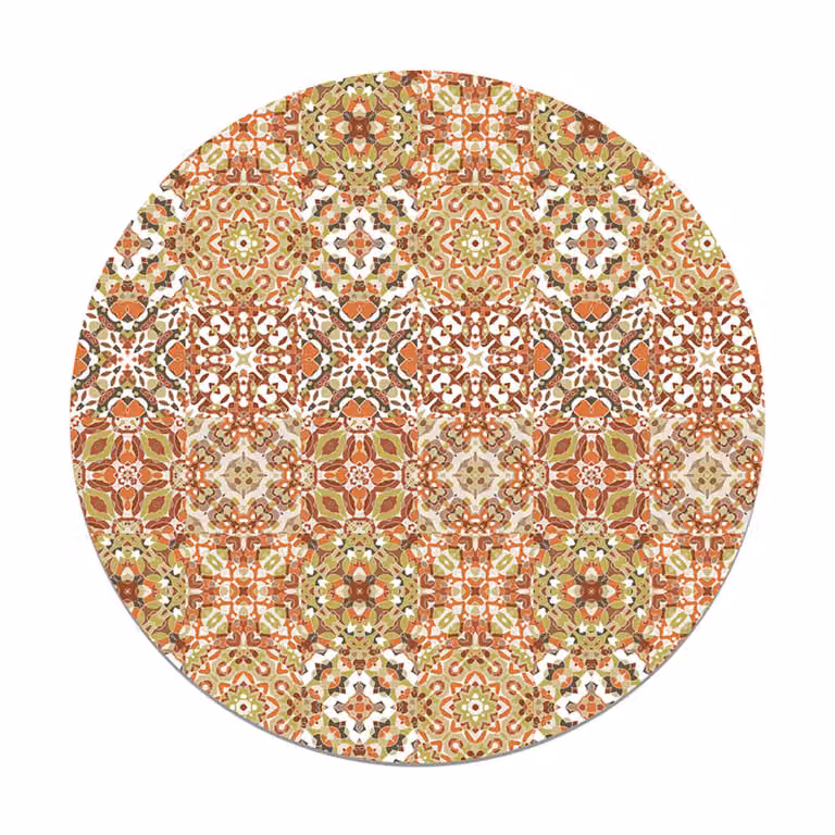 Alfombra redonda de vinilo con diseño de baldosa hidráulica oriental en color naranja, Diámetro: 150 cm