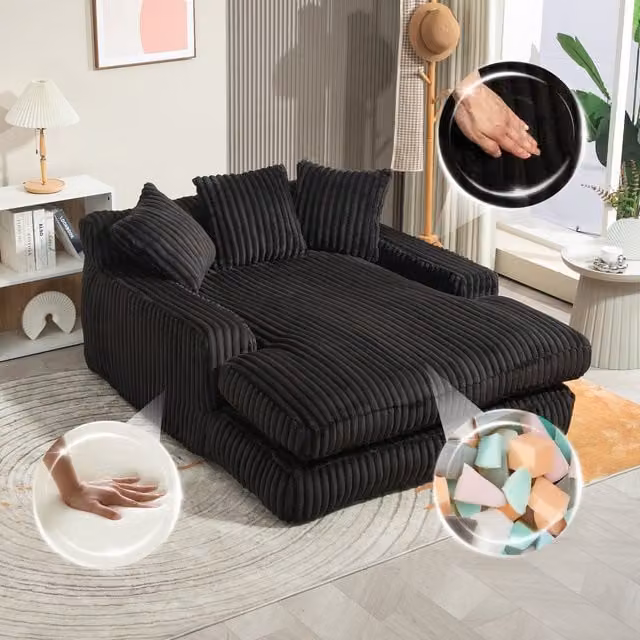 Sofá Relax SOLKVUNZA de Terciopelo Acanalado Negro con 3 Cojines, Acolchado de Espuma para Salón o Despacho, An/P/Al: 125 x 155 x 63 cm