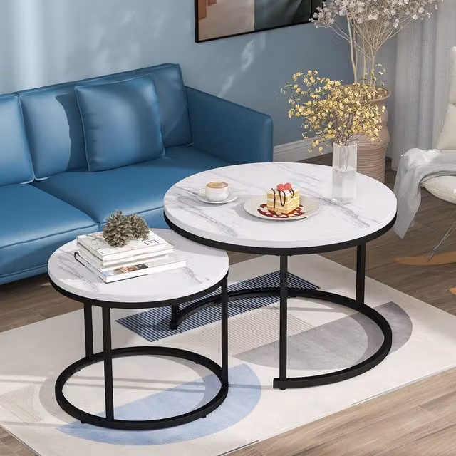 Juego de 2 mesas de centro nido redondas MODENVIE con acabado efecto mármol en blanco y multicolor, estructura de metal y tableros de MDF para salón