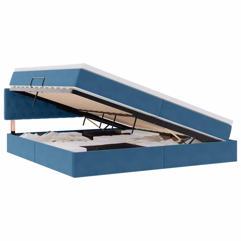 Cama con almacenamiento vidaXL en terciopelo azul, diseño moderno tapizado con base abatible, 200 x 200 cm
