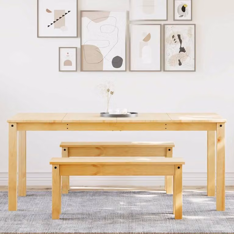 Juego de mesa y bancos Prolenta de madera de pino encerada en color marrón y beige para comedor o cocina