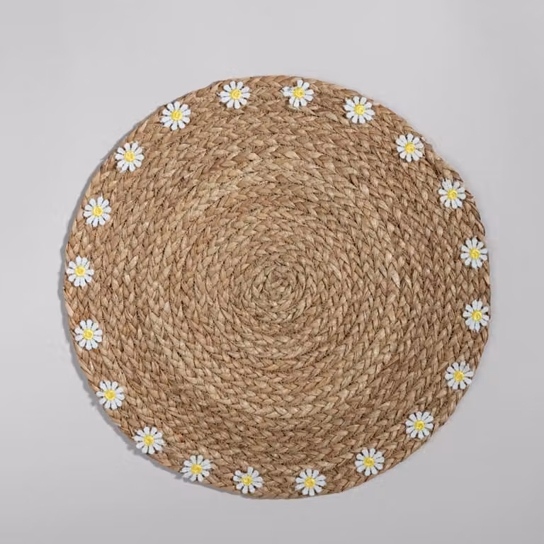 Mantel individual de algas con diseño floral de flores blancas y amarillas de Maisons du Monde, Diámetro: 38 cm