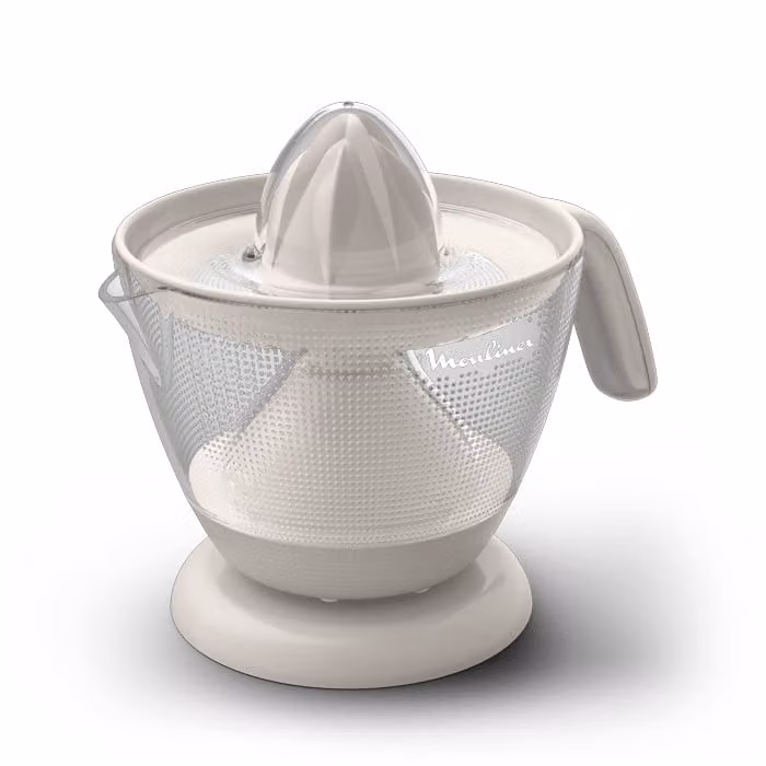 Exprimidor eléctrico de cítricos Moulinex Morning en color blanco con capacidad de 800 ml y almacenamiento de cable