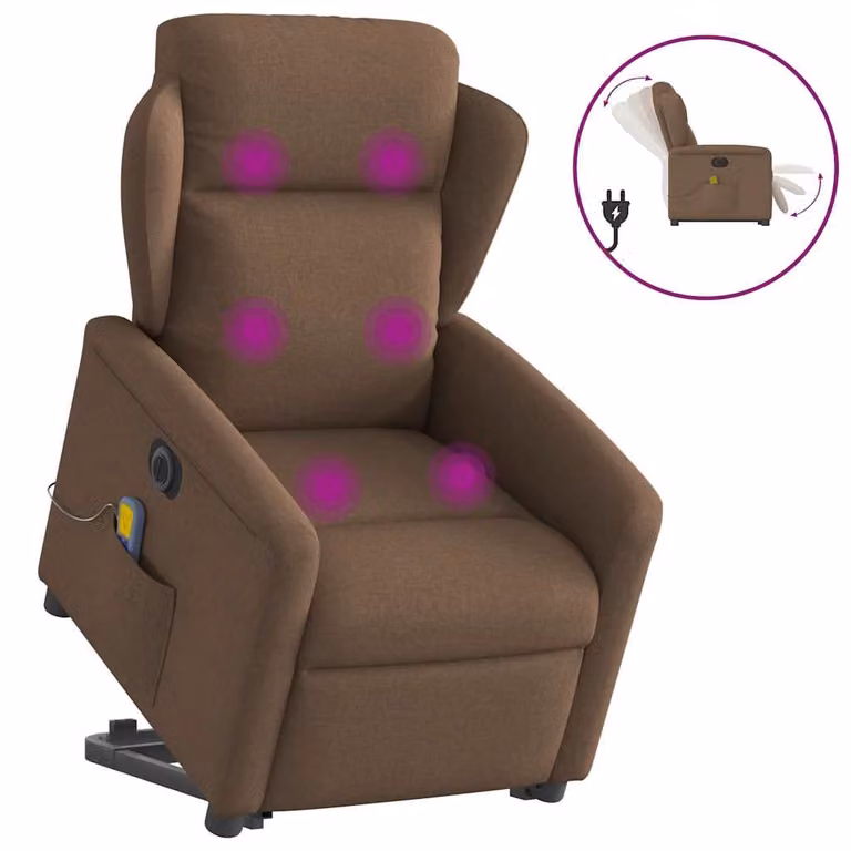 Sillón de masaje eléctrico reclinable y elevable vidaXL en tela marrón con reposabrazos y diseño moderno para mayores