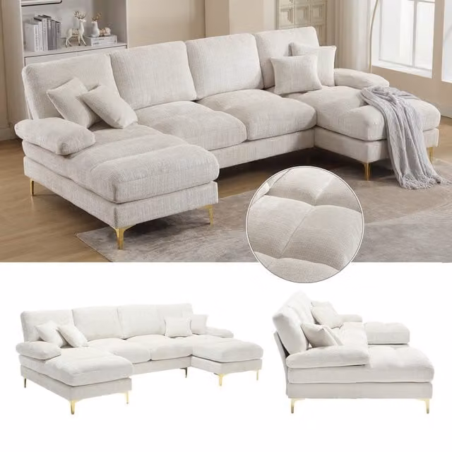 Sofá Seccional Moderno en Forma de U de Chenille KELLANY con Dos Asientos Reclinables Manuales y Estructura de Madera Sólida