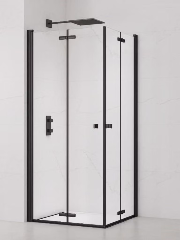 Cabina de ducha cuadrada SAT con diseño de esquina, entrada lateral y vidrio Easy-Clean, color negro, An/P/Al: 90 x 90 x 196 cm