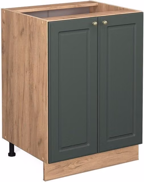 Mueble bajo de cocina Vicco Fame-Line estilo casa de campo en color verde y dorado con puertas de cierre suave y sin encimera An: 60 cm
