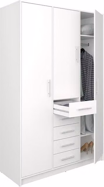 Armario ropero Meka Block de 3 puertas abatibles y 5 cajones en color blanco mate, An/P/Al: 130 x 50 x 200 cm