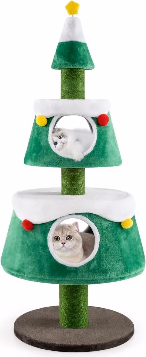 Árbol de Navidad para gatos Northix con 2 cuevas, postes de sisal intercambiables y juguetes integrados, multicolor y verde, An/P/Al: 59 x 59 x 153 cm