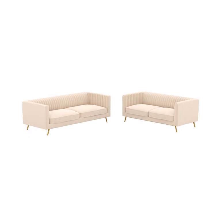 Conjunto de sofás de terciopelo beige y dorado Maison Pavane para 5 personas con estructura de madera sólida y cojines incluidos