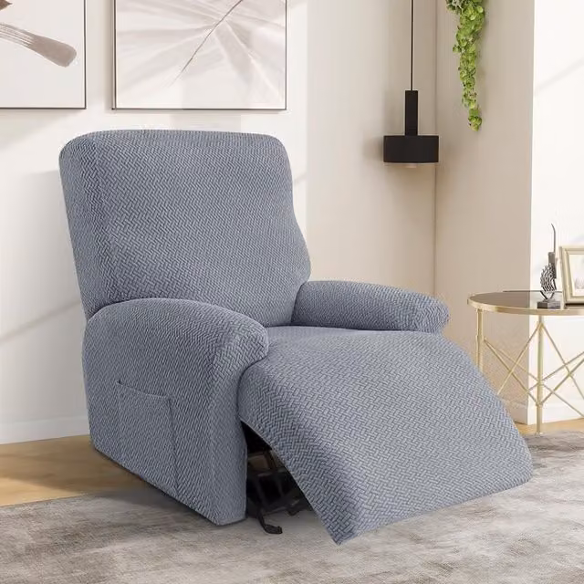 Juego de 4 fundas elásticas Neptune para sillón reclinable con bolsillos, color gris liso, fabricadas en jacquard y elastano lavables a máquina