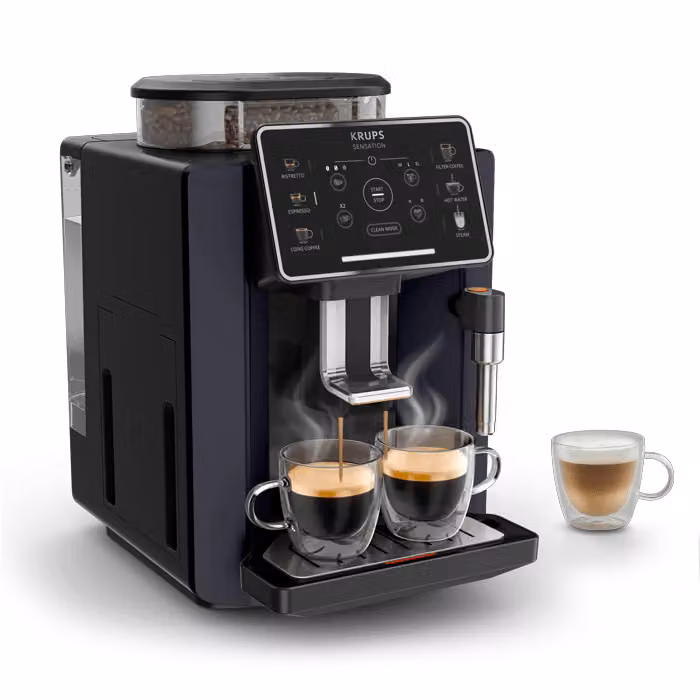 Cafetera superautomática Moulinex Sensation con panel táctil y espumador de leche, color negro