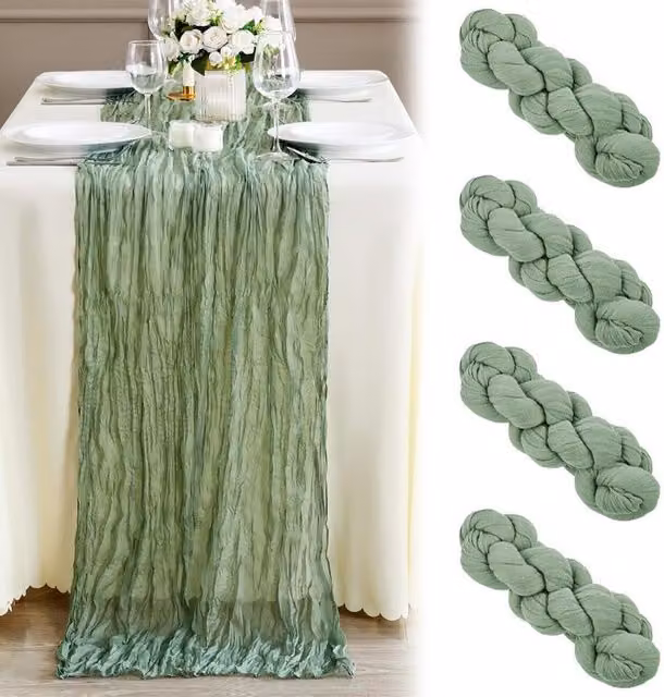 Juego de 4 caminos de mesa Neptune en color verde salvia, confeccionados en tela de gasa de poliéster con estilo boho, An/P: 90 x 300 cm