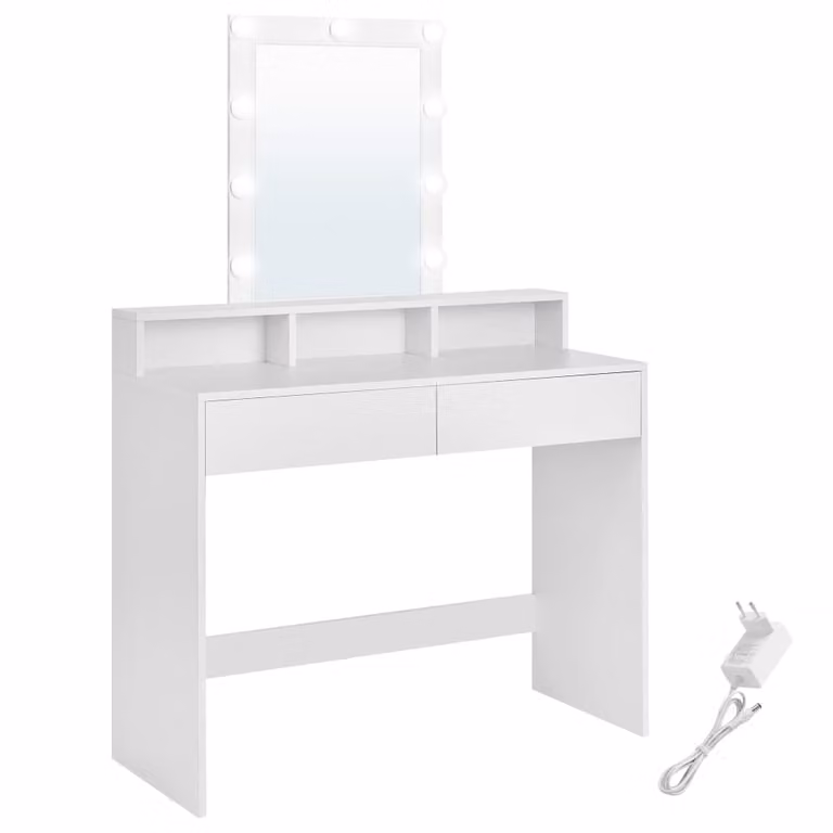 Tocador VASAGLE moderno con espejo de luces LED, 2 cajones y 3 compartimentos en color blanco