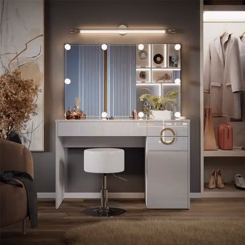 Tocador Vicco Adela blanco con iluminación LED y taburete para dormitorio