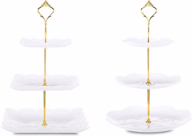 Soporte para tartas de 3 niveles DCKNTY en blanco y dorado, base redonda de plástico y cerámica para postres, cupcakes y dulces