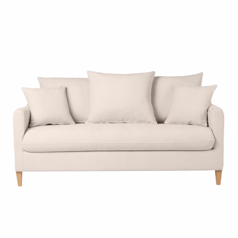 Sofá cama nórdico de 3 plazas Miliboo LOUISE en tela efecto aterciopelado beige y madera de haya con función de cama de 140x190 cm