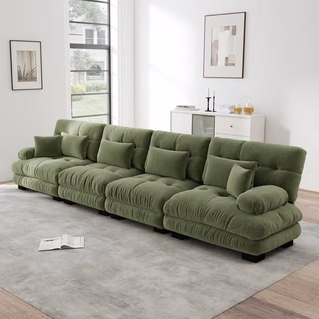 Sofá Esquinero Modular KELLANY de 4 Plazas con Función de Sofá Cama, Tapizado en Chenilla Verde
