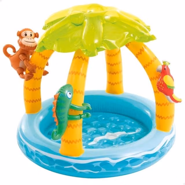 Piscina hinchable infantil Intex isla tropical multicolor con suelo acolchado y parasol Diámetro: 102 cm, Altura: 86 cm