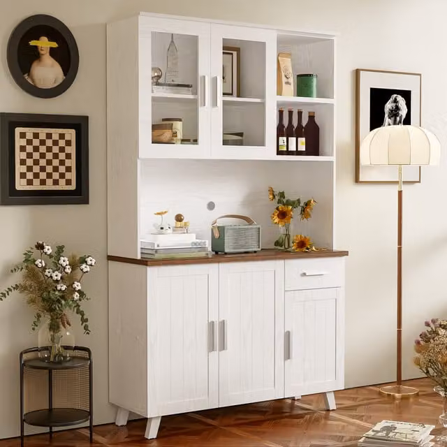 Aparador Alto MODENVIE con 5 Puertas, 1 Cajón y 2 Nichos Abiertos, Puertas de Cristal con Cierre Suave para Salón o Comedor, Blanco y Marrón, An/P/Al: 114 x 40 x 190 cm