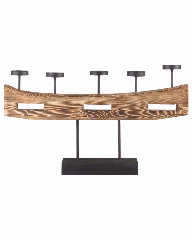 Portavelas de madera y metal Beliani estilo industrial Guatemala en marrón y negro, Altura: 36 cm